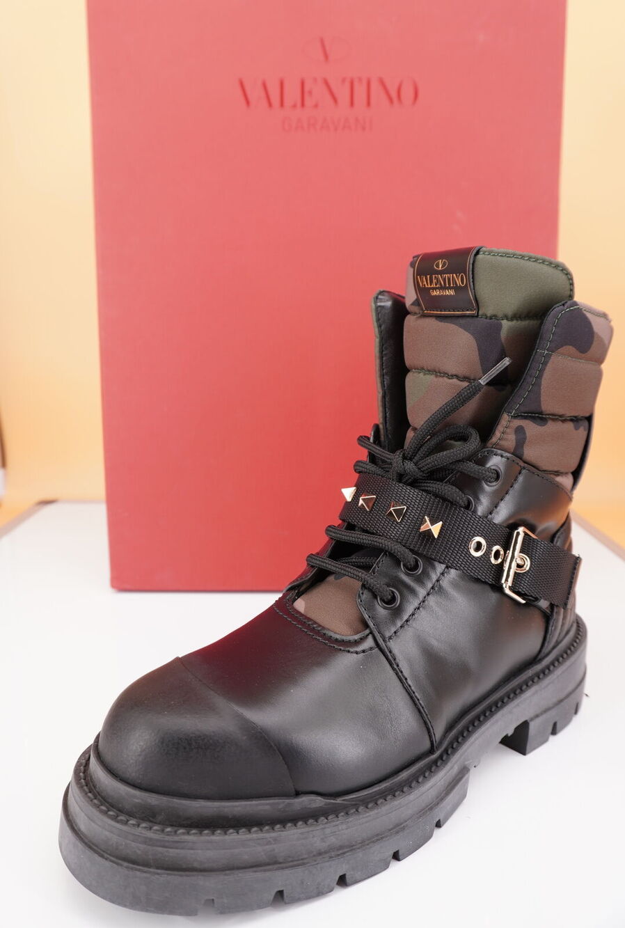 Valentino Rockstud Combat Ankle Boots Size 38 Camo Black Leather $1390 Lug
